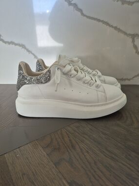 Alexander McQueen White Platform Sneakers with Silver Glitter Heel